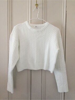Ardenes White Cable-Knit Crop Crewneck Sweater